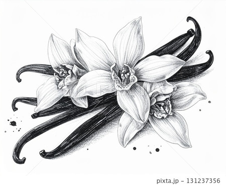 Vanilla Flowers and Beans with Black Ink Illustration on White Background Detailed Botanical Art with 131237356