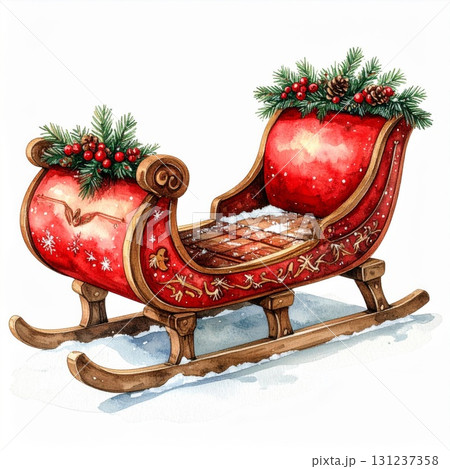 Watercolor Illustration of a Red Sleigh Decorated with Pine Branches and Berries for Festive Winter Holiday 131237358