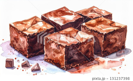 Watercolor Illustration of Six Rich Brown Chocolate Brownies on White Surface 131237398