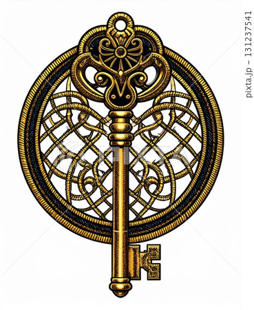 Golden Ornamental Key Centered in Circular Weave Isolated on White Background Decorative Vintage Style with 131237541
