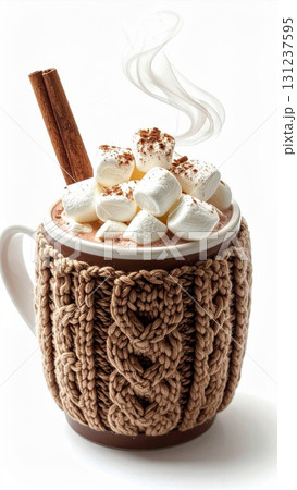 Hot Chocolate with Marshmallows and Cinnamon Stick in Knitted Mug Hot Chocolate with Marshmallows and Cinnamon Stick in Knitted Mug 131237595