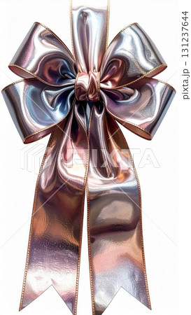 Iridescent Ribbon Bow with Golden Edges on White Background Festive Design 131237644
