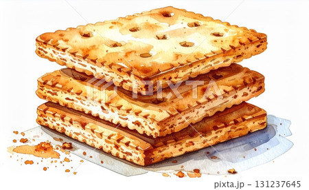 Stack of Square Crackers with Golden Brown Color on White Background 131237645