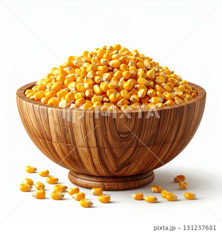 Wooden Bowl Full of Golden Corn Kernels on White Background Detailed Food Still Life 131237681