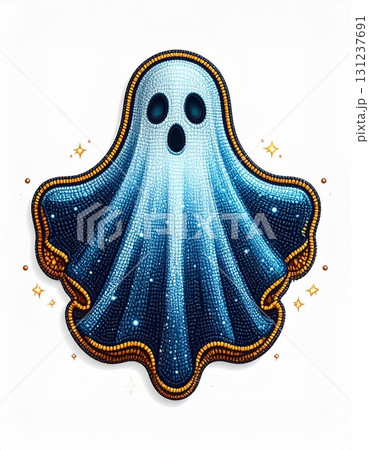 Pixelated Blue Ghost on White with Golden Glittering Outline Pixelated Blue Ghost on White with Golden Glittering Outline 131237691