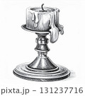 Monochrome Pen Sketch of a Wax Dripping Candle in Vintage Silver Candlestick on White Background 131237716
