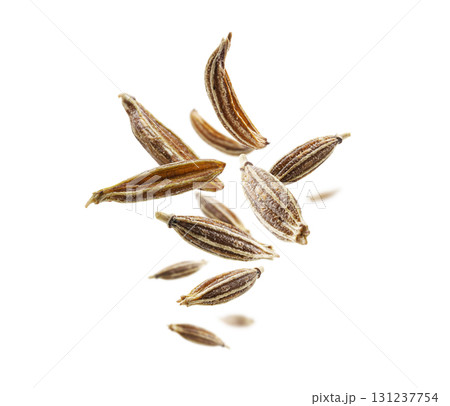 Zira seasoning seeds levitate on a white background 131237754