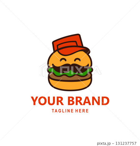 The burger logo mascot wears a red hat and has a cute and attractive mustache, suitable for branding your restaurant logo The burger logo mascot wears a red hat and has a cute and attractive mustache, suitable for branding your restaurant logo 131237757