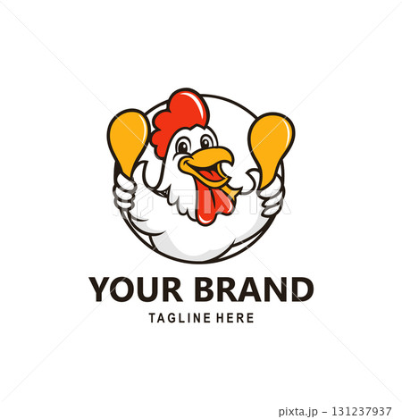 Illustration of a cute and attractive rooster mascot holding two fried chicken sticks 131237937