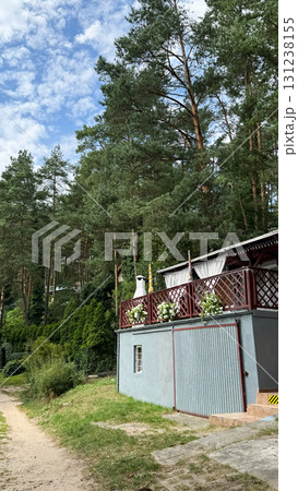 A small blue house surrounded by tall green trees. The house features a wooden deck with white flowers. A dirt path leads to the house 131238155