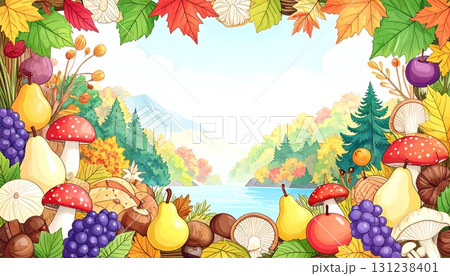 秋の収穫フレーム 果物とキノコ 131238401