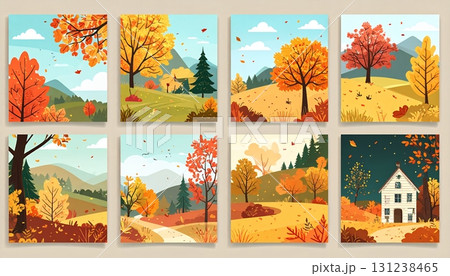 秋の森と丘を描いた美しいカードコレクション 131238465