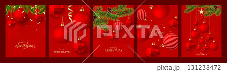 Christmas greeting card set, holidays posters, red baubles Christmas greeting card set, holidays posters, red baubles 131238472