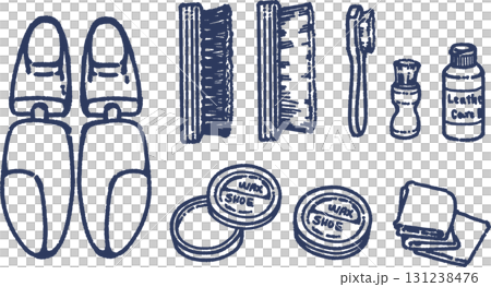 革靴のお手入れをする道具の線画のイラストセット 131238476
