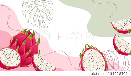 Dragon fruit fruits background. Composition of pitaya fruits with organic shapes and leaves. Tropical fruit background. 131238501