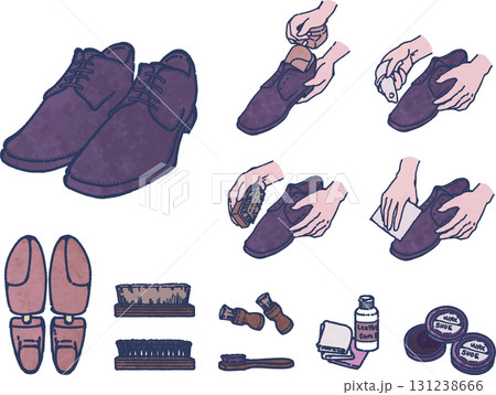 革靴のお手入れをする手順と道具のイラストセット 131238666