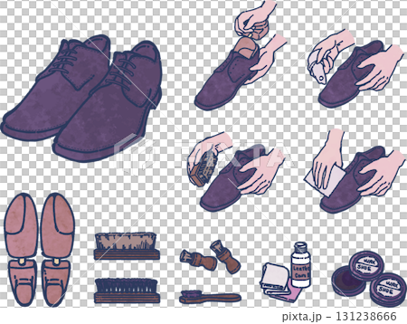 革靴のお手入れをする手順と道具のイラストセット 131238666