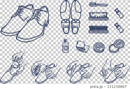 革靴のケアの手順と使用するアイテムの線画のイラストセット 131238667