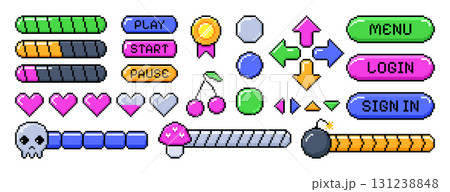 Pixel video game icons, loading progress bars, menu buttons and arrows in 8bit retro style 131238848