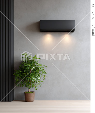 Quiet black air conditioner on concrete wall provides sustainable energy for cooling calm modern home. minimalist interior with green plant creates peaceful feeling 131239055