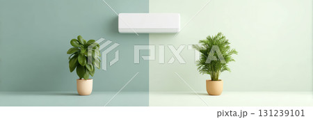 Modern air conditioner unit cooling room, showing comparison of comfort. plant thrives in cool temperature from climate control on green background 131239101