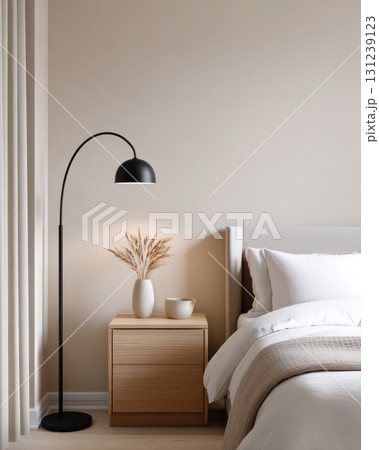 Serene bedroom interior design with modern minimalist style. cozy bed, wooden nightstand, and black floor lamp create calm, relaxing, and comfortable home decor scene Serene bedroom interior design with modern minimalist style. cozy bed, wooden nightstand, and black floor lamp create calm, relaxing, and comfortable home decor scene 131239123