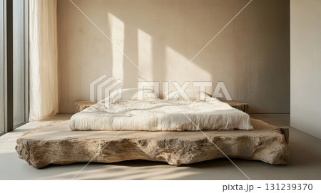 minimalist bedroom with a sculptural wooden platform bed, creamy textured bedding, and soft natural light 131239370