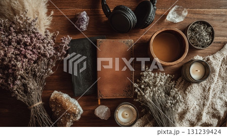 dried flowers, a leather journal, headphones, candles, crystals, and a cup of herbal tea on a wooden surface 131239424