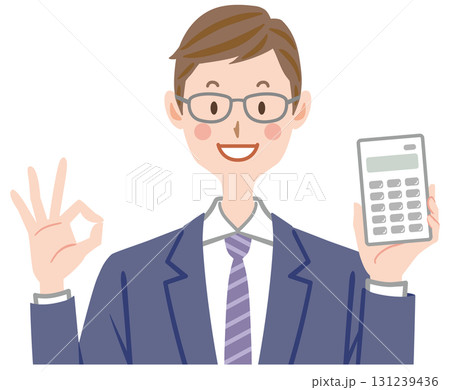 計算機を持つビジネスマンのイラスト　OKサイン　電卓　 131239436