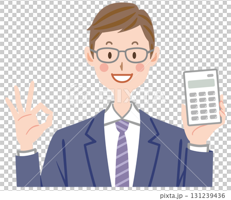 計算機を持つビジネスマンのイラスト　OKサイン　電卓　 131239436