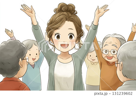 美優シリーズ：美優が笑顔で高齢者と一緒に体操をしているシーン 131239602