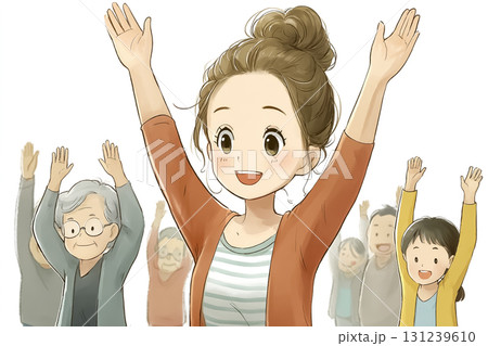 美優シリーズ：美優が笑顔で高齢者と一緒に体操をしているシーン 131239610