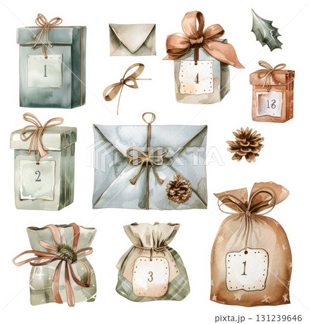Watercolor advent calendar gifts and packages with pinecone decoration Watercolor advent calendar gifts and packages with pinecone decoration 131239646