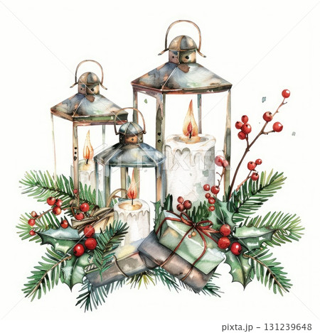 Christmas lanterns with candles gifts and holly festive watercolor set 131239648