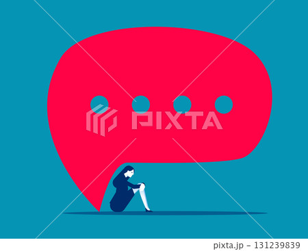Sad. Businessman sitting under speech bubbles. 131239839
