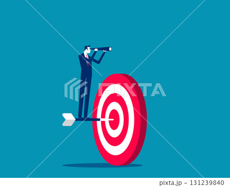 Searching next new target. Businessman on archery target and looking for new target 131239840