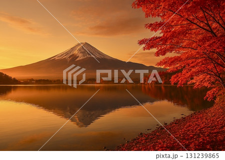 秋の絶景、水面に映る霊峰 131239865