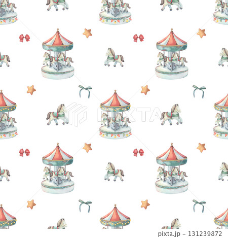 Seamless pattern, merry-go-round carousel, star, bow. Hand-painted watercolor illustration isolated on white for printing on textile, wallpaper, packaging, stationery, children decor, festive projects 131239872