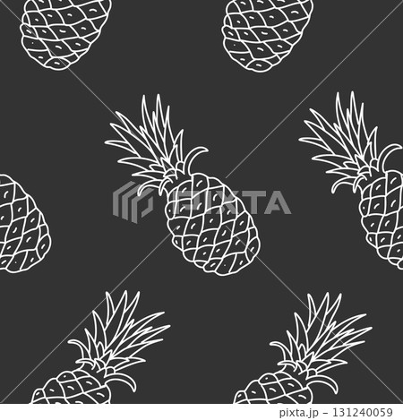 Pineapple seamless vector pattern. Exotic fruit drawing white line art on a black background in Doodle style. For packaging paper, textile prints, wallpaper, summer designs. Pineapple seamless vector pattern. Exotic fruit drawing white line art on a black background in Doodle style. For packaging paper, textile prints, wallpaper, summer designs. 131240059