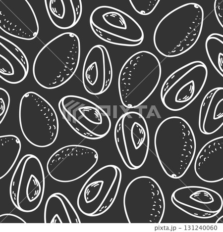 Avocado seamless graphic pattern in minimalistic style. Hand drawn white line drawing of whole Fruit and Cut Slices isolated on a black background. For product packaging, menu and fabric prints. 131240060