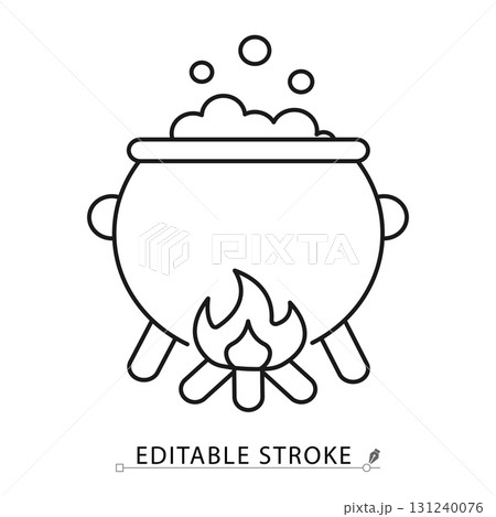 A witch cauldron icon in a minimalist line style with editable stroke. Halloween witchcraft symbol, magic potion pot, sorcery brew, hot boiling liquid, alchemy equipment, fantasy cooking. 131240076