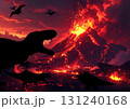 火山が轟く世界で、隕石に立ち向かう恐竜たちのシルエット 131240168
