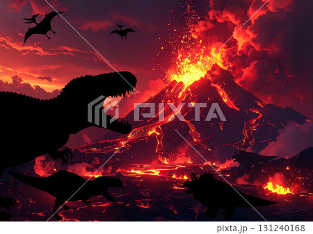 火山が轟く世界で、隕石に立ち向かう恐竜たちのシルエット 131240168