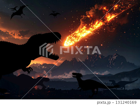 夜空に流れる巨大な流星、恐竜が見上げる終末の光景（オリジナル恐竜シルエット） 131240169