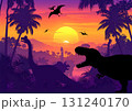 紫とオレンジのグラデーションの不穏な空模様のジャングルで佇む恐竜たち 131240170