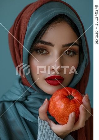 A woman in a colorful hijab holds a bright orange while posing against a soft blue background, radiating beauty. 131240249