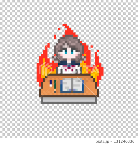 在像素藝術書桌前學習的女學生：水手服 131240336