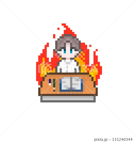 ドット絵の机で勉強する男子学生:制服夏服 ドット絵の机で勉強する男子学生:制服夏服 131240344