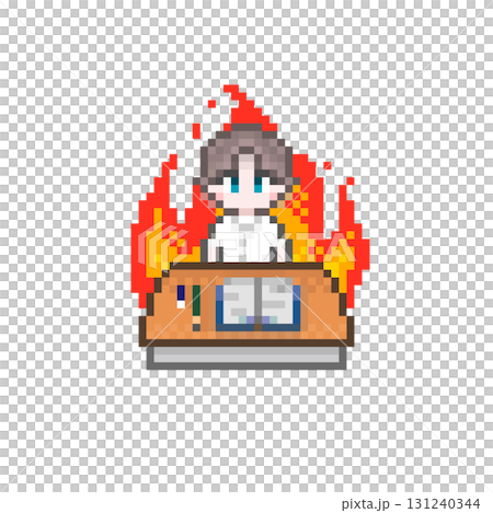 ドット絵の机で勉強する男子学生:制服夏服 ドット絵の机で勉強する男子学生:制服夏服 131240344