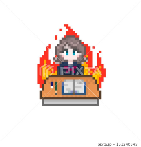 ドット絵の机で勉強する女子学生：セーラー服 131240345